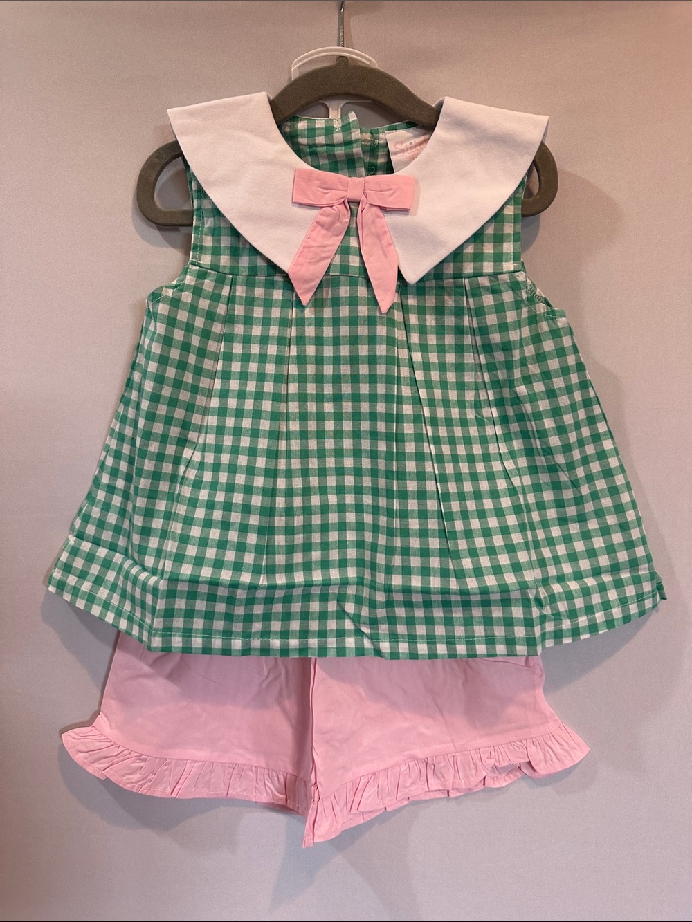 Green Gingham Top with White Collar & Pink Bow + Pink Ruffle Shorts